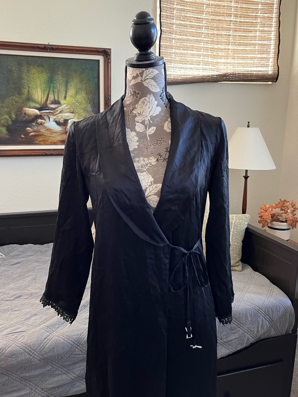 Women's Black Silk Long Robe with Lace Cuffs